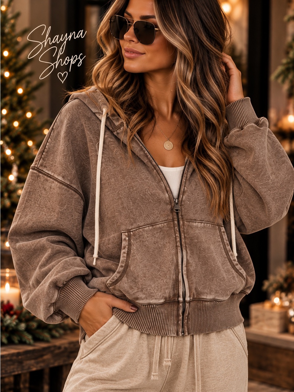 Zenana Acid Washed Fleece Mocha Zip Hoodie